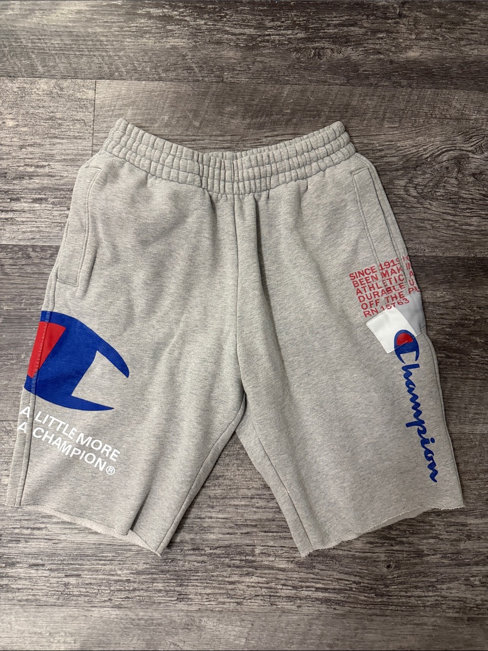 Champion Gray Shorts with Blue and Red Logos
